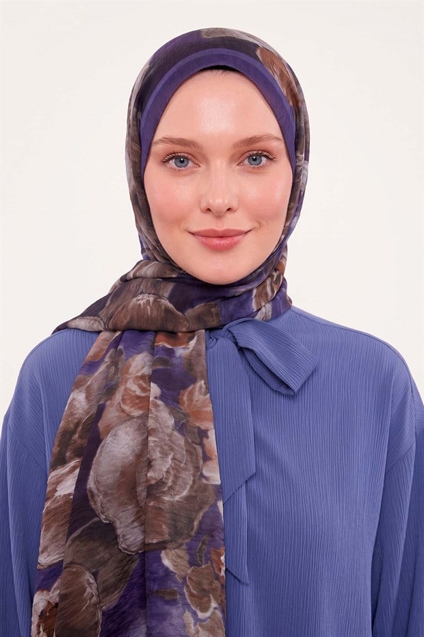 Lacivert Gül Desenli Tencel Şal