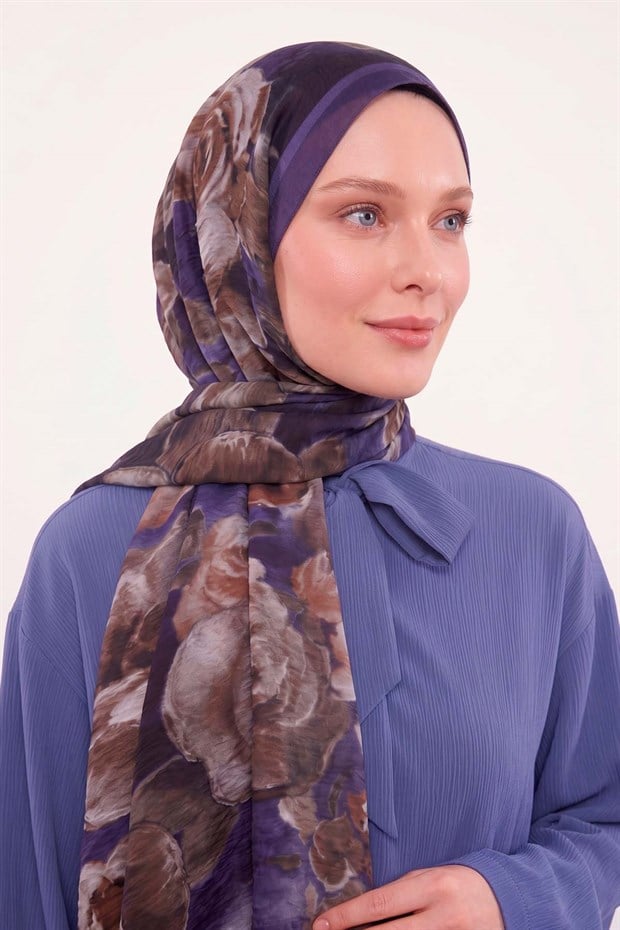 Lacivert Gül Desenli Tencel Şal