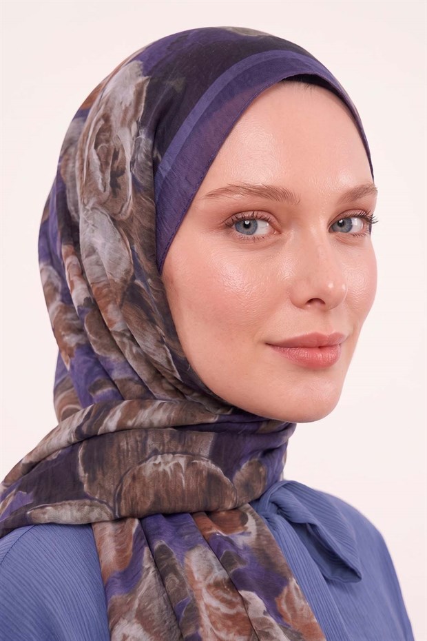 Lacivert Gül Desenli Tencel Şal