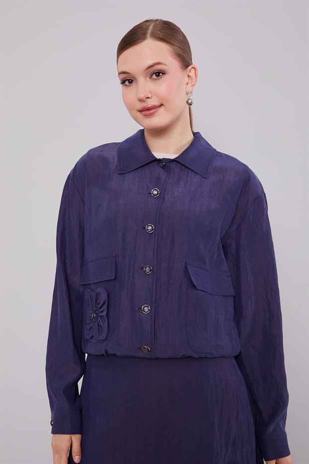 Lacivert Gül Detaylı Cupra Etekli Takım