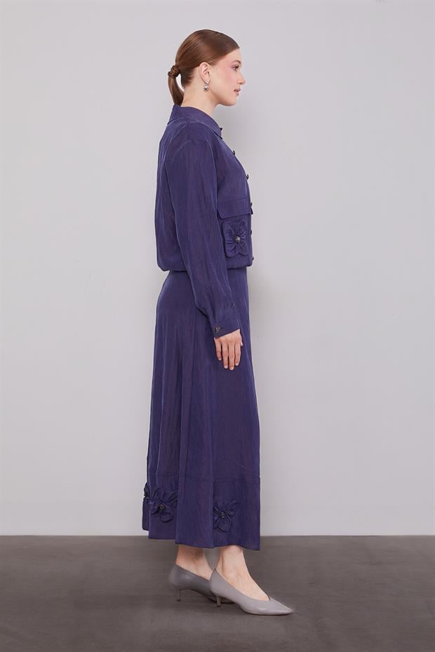 Lacivert Gül Detaylı Cupra Etekli Takım