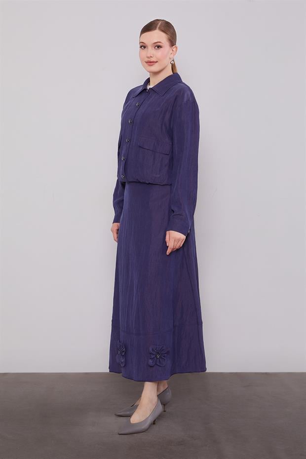 Lacivert Gül Detaylı Cupra Etekli Takım