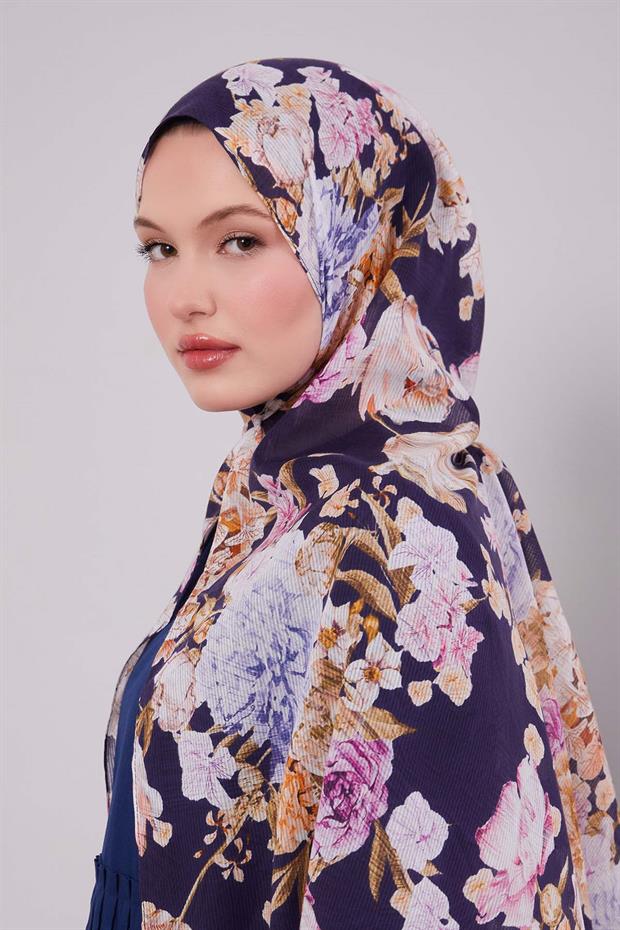 Lacivert Güllü Desen Pamuk Şal