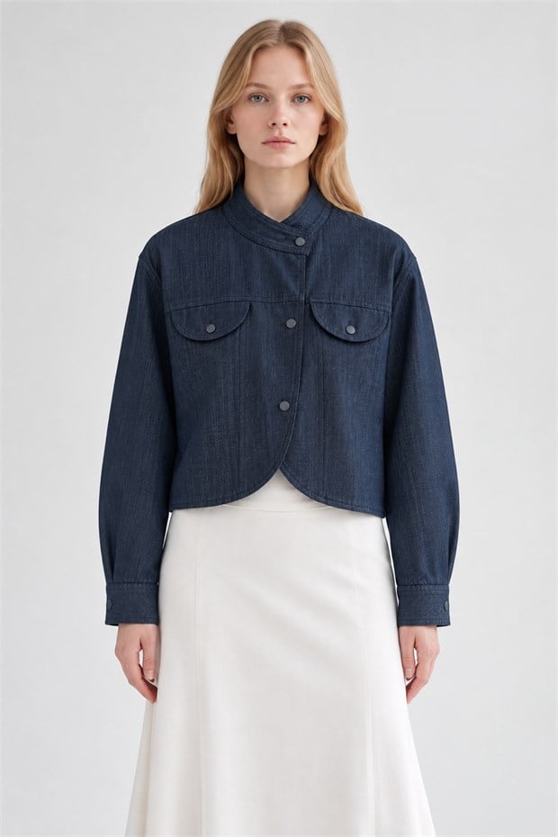 Hakim Yaka Asimetrik Denim Ceket Lacivert