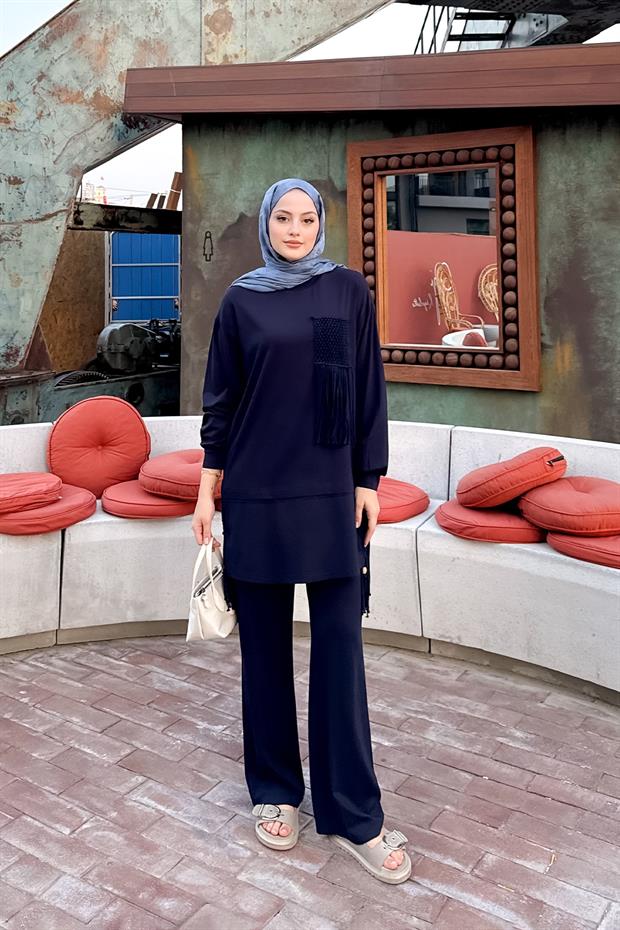 Lacivert Hasır Püskül Detaylı İkili Takım