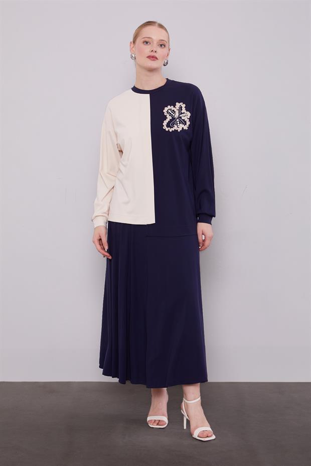 Lacivert İki Renkli Asimetrik Etekli Takım