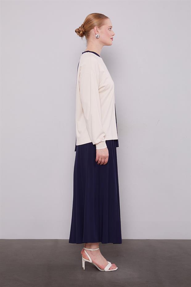 Lacivert İki Renkli Asimetrik Etekli Takım