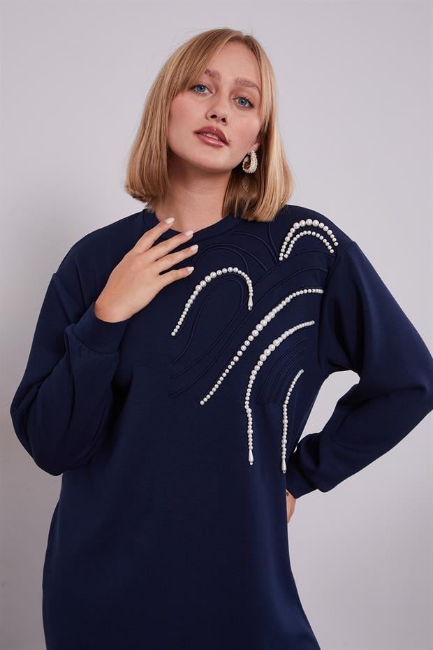 Lacivert İnci Detaylı Sweatshirt