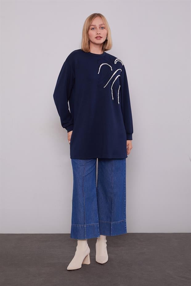 Lacivert İnci Detaylı Sweatshirt