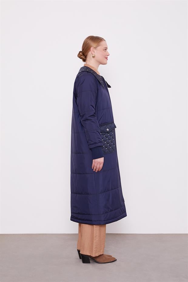 Lacivert Kapitone Cep Detaylı Mont