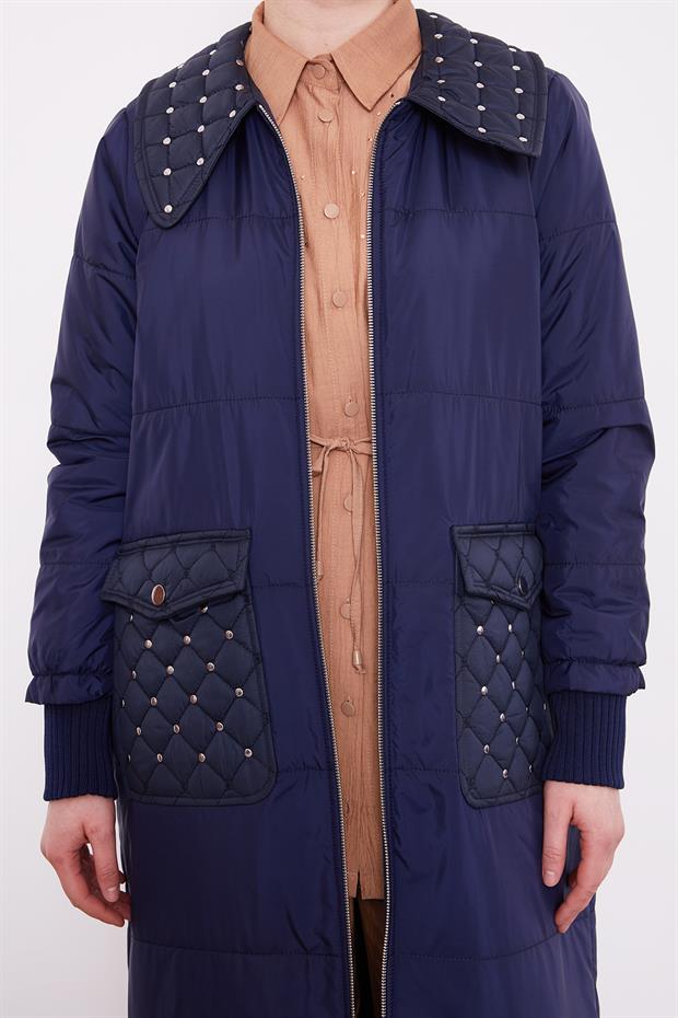 Lacivert Kapitone Cep Detaylı Mont