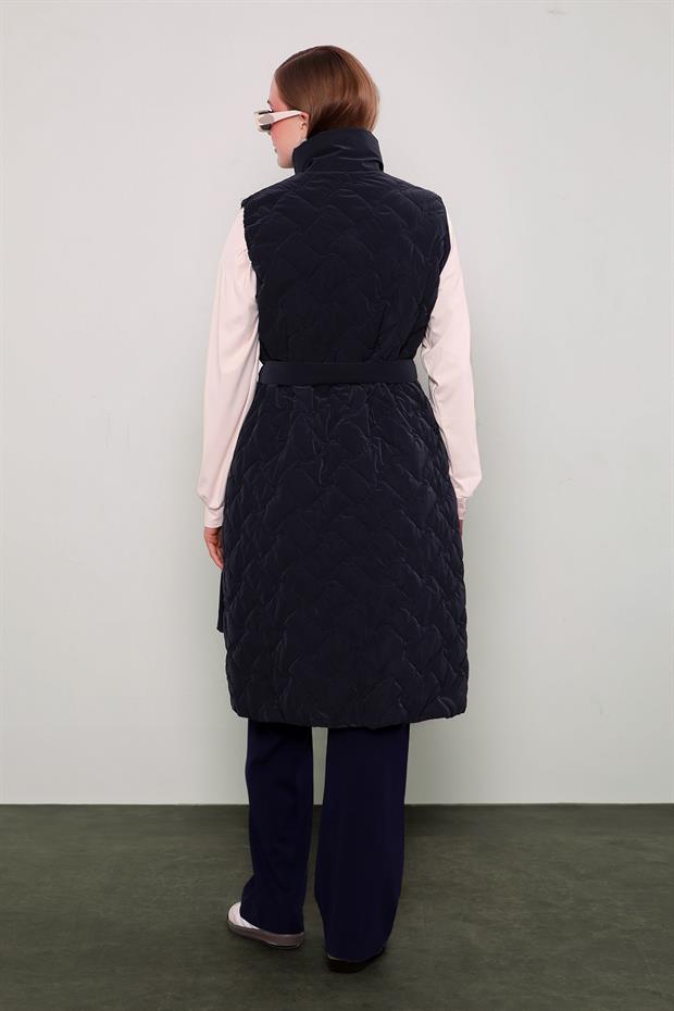 Lacivert Kapitone Desen Kemerli Yelek