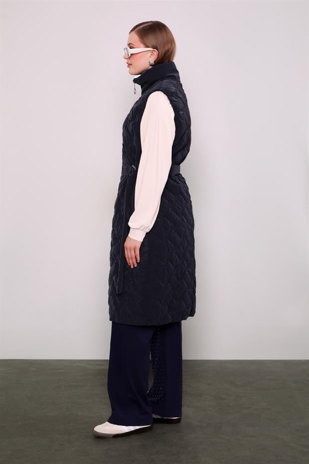 Lacivert Kapitone Desen Kemerli Yelek