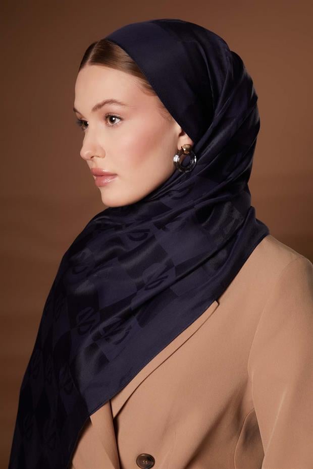 Lacivert Kare LVD Baskılı Naia Jakar Şal