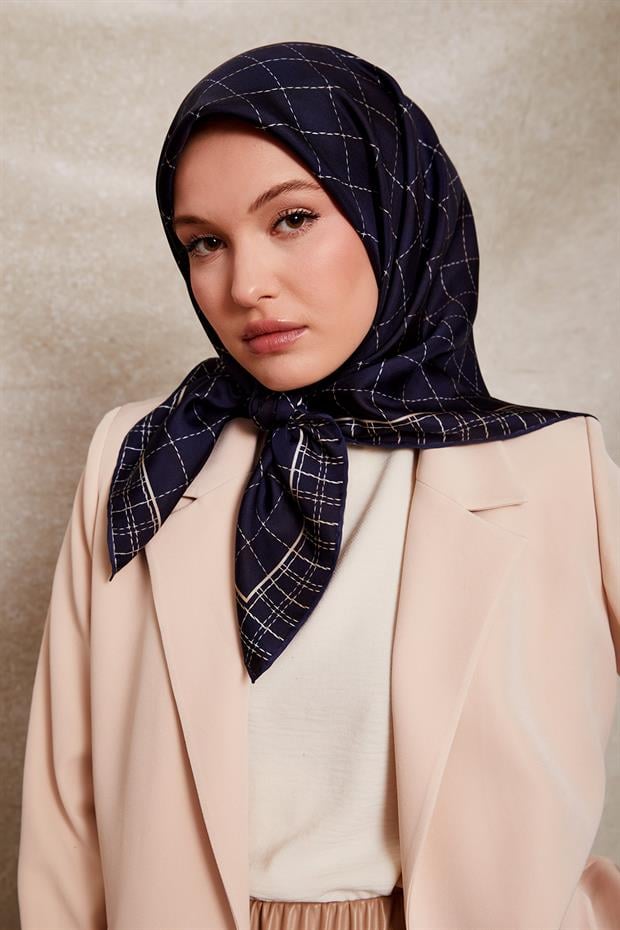 Lacivert Kareli Twill İpek Eşarp