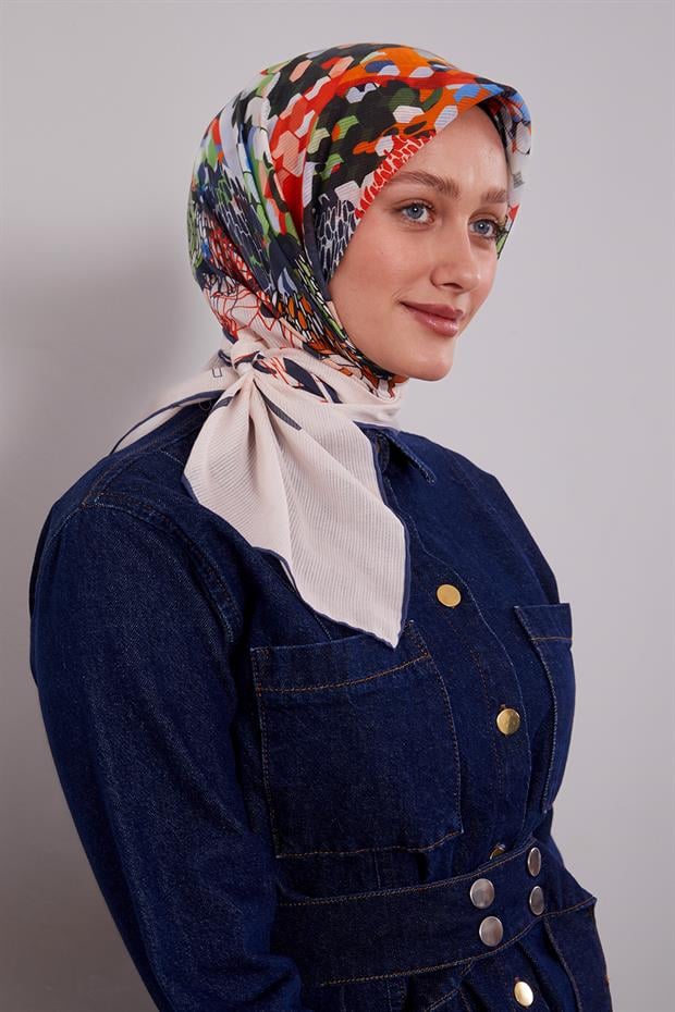 Lacivert Karışık Çiçek Desen Pamuk Eşarp