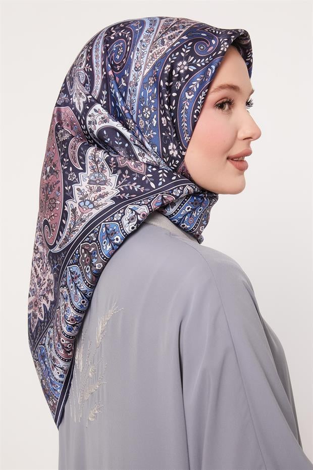 Lacivert Karışık Hint Desen Twill İpek Eşarp