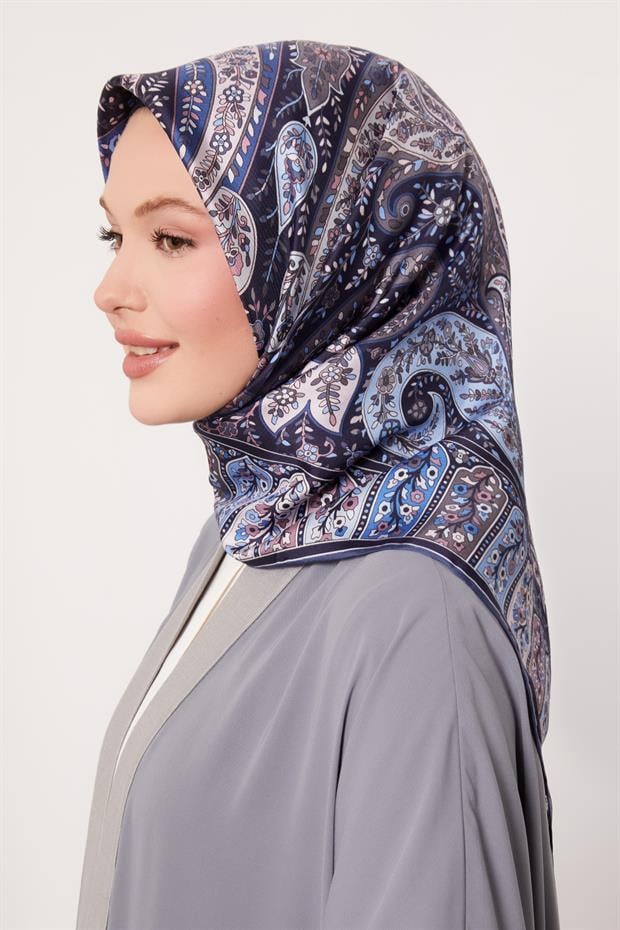 Lacivert Karışık Hint Desen Twill İpek Eşarp