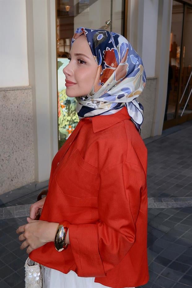 Lacivert Karışık Çiçek Desen Twill İpek Eşarp