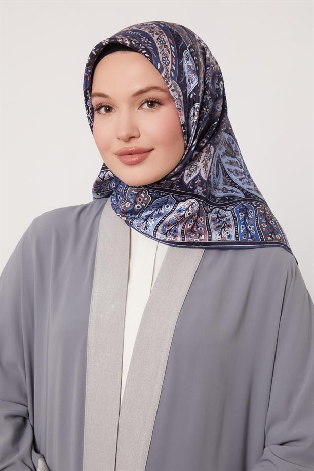 Lacivert Karışık Hint Desen Twill İpek Eşarp