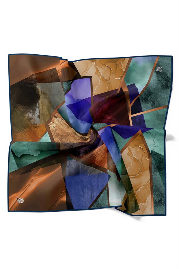 Lacivert Mermer Desen Twill İpek Eşarp