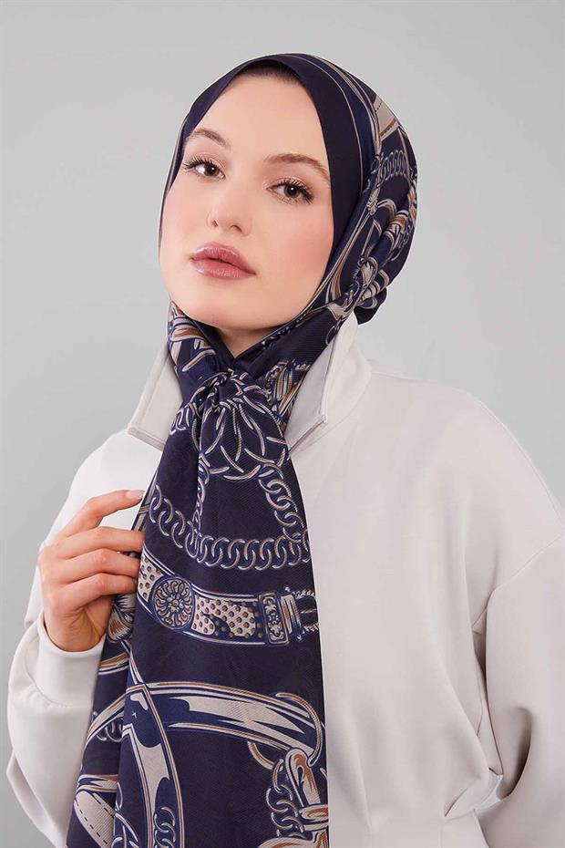 Lacivert Karışık Desenli Yün İpek Şal