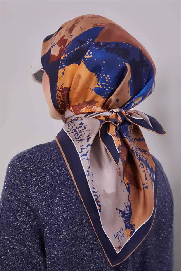 Lacivert Karma Desenli Twill İpek Eşarp