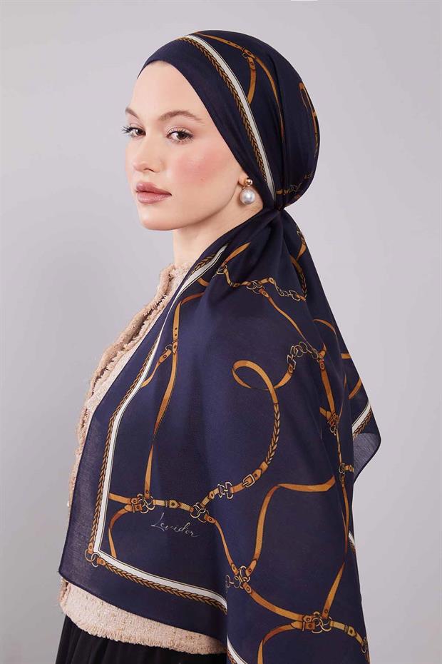 Lacivert Kemer Desenli Yün İpek Şal