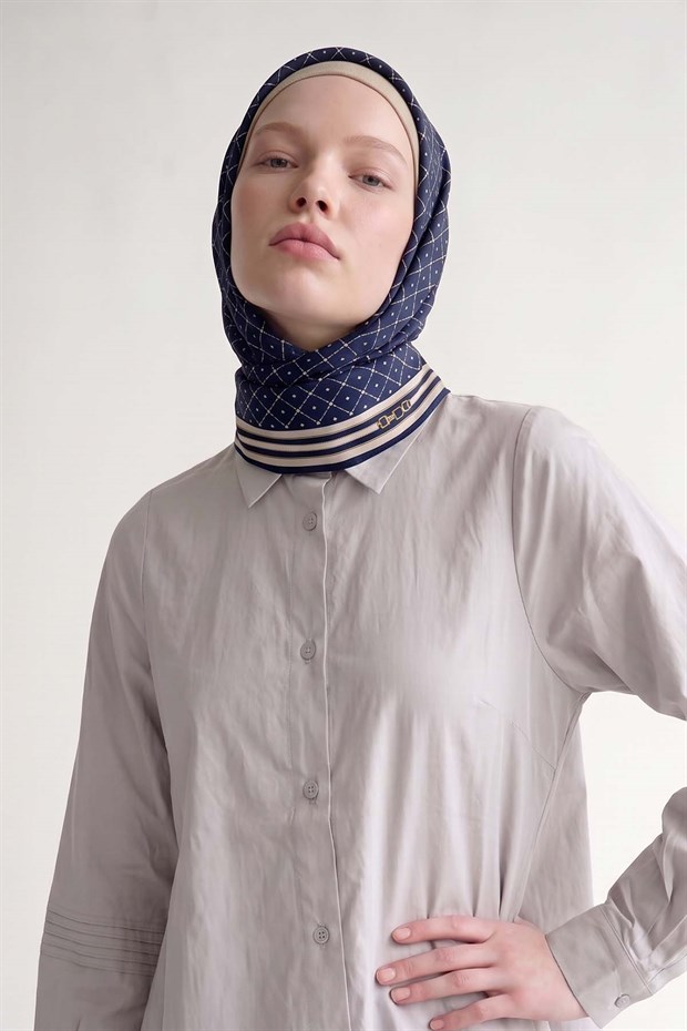 Lacivert Kemer Detaylı Twill İpek Eşarp