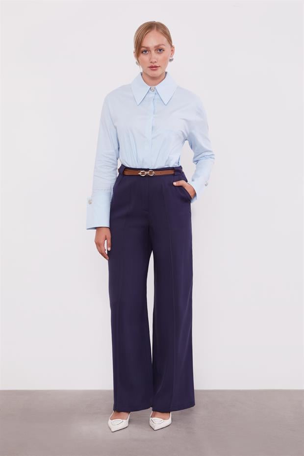 Lacivert Kemerli Palazzo Pantolon