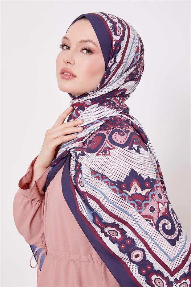 Lacivert Kenar Benek Desen Hint İpeği Şal