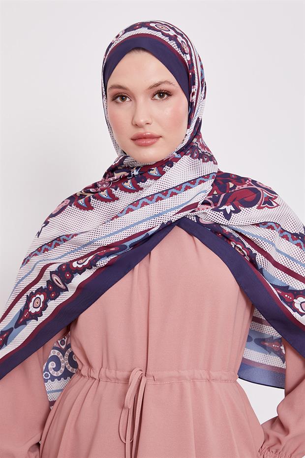 Lacivert Kenar Benek Desen Hint İpeği Şal