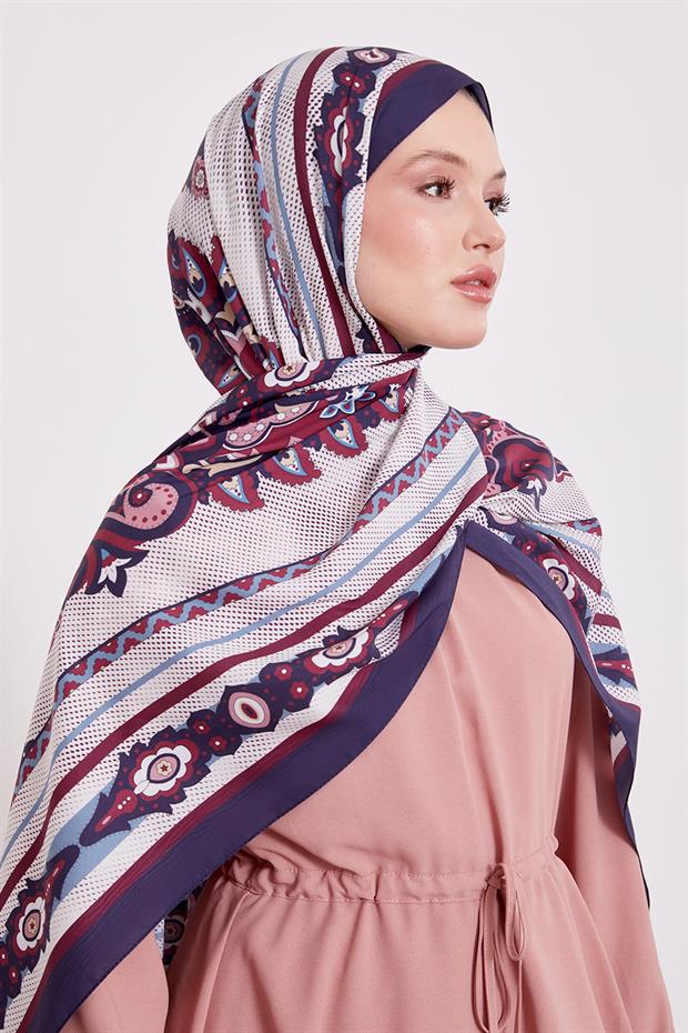 Lacivert Kenar Benek Desen Hint İpeği Şal