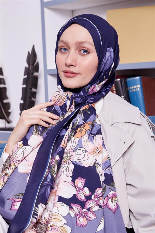 Lacivert Kenar Çiçek Desen Royal Şal