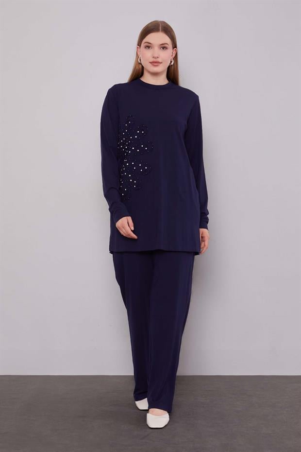 Lacivert Kenar Desen Detaylı Taşlı İkili Takım