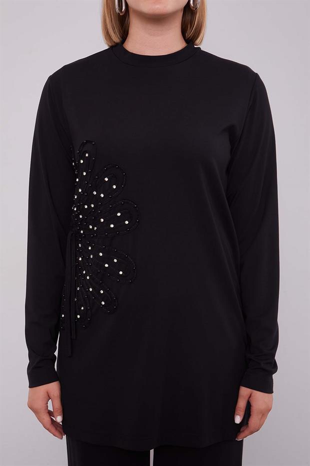 Lacivert Kenar Desen Detaylı Taşlı İkili Takım