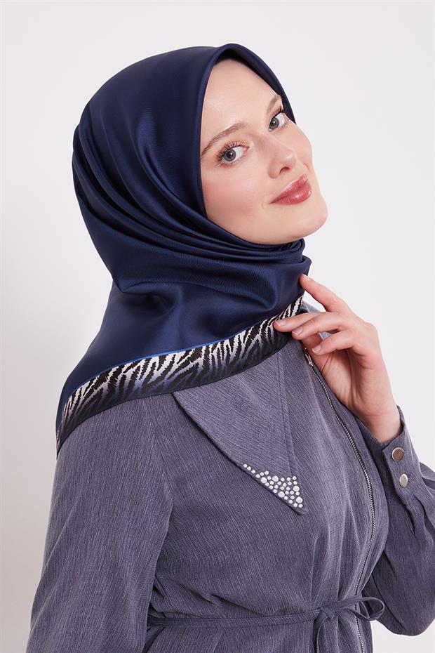 Lacivert Kenar Leopar Desen Twill İpek Eşarp