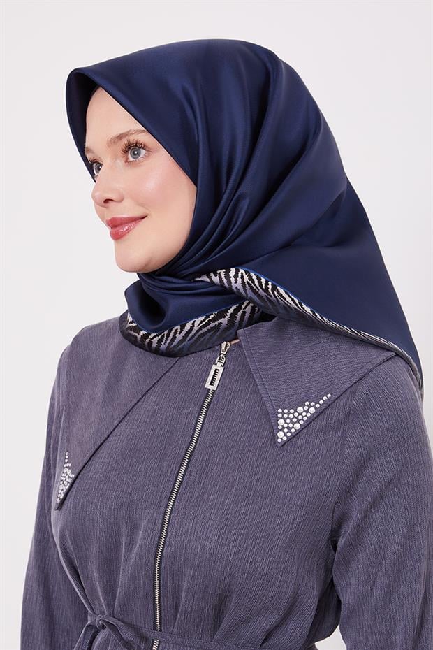 Lacivert Kenar Leopar Desen Twill İpek Eşarp