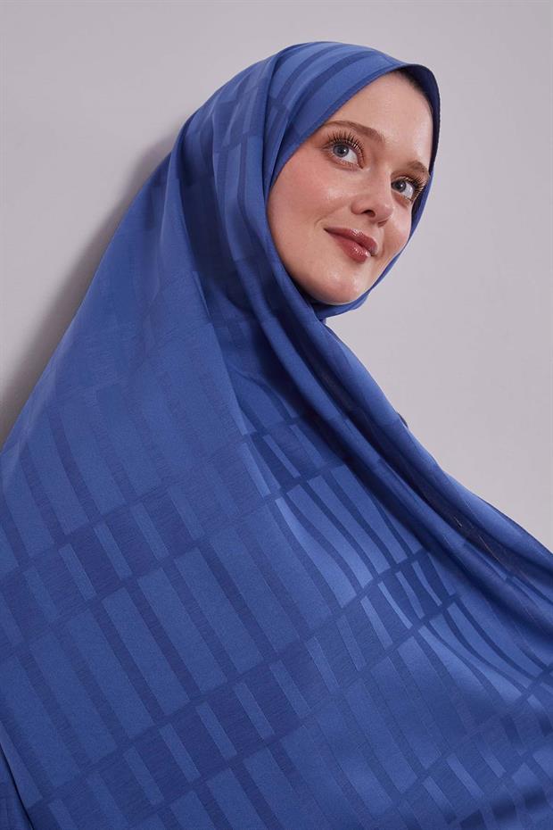 Lacivert Kesik Çizgili Blue Jakar Şal
