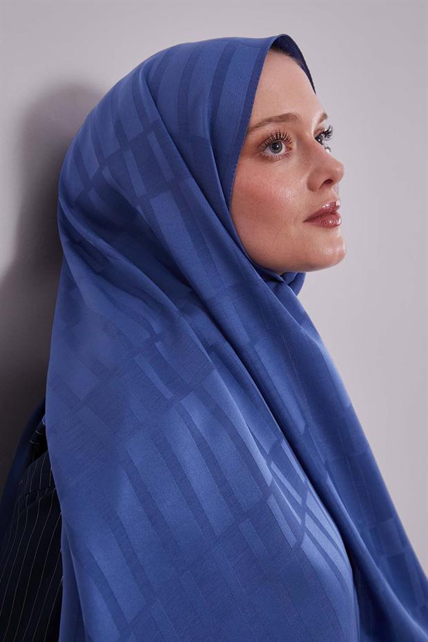 Lacivert Kesik Çizgili Blue Jakar Şal