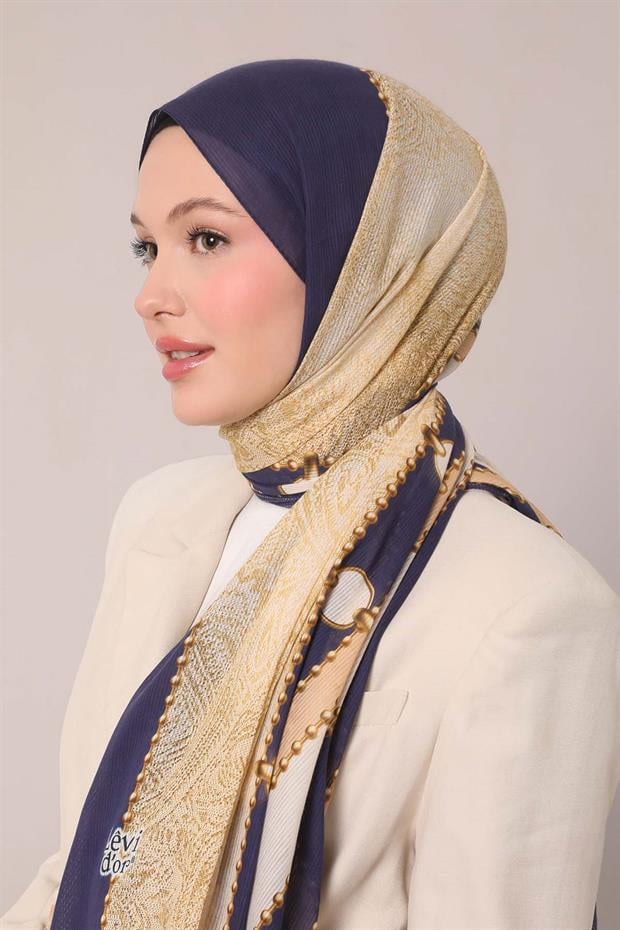 Lacivert Kilit Desen Pamuk Şal