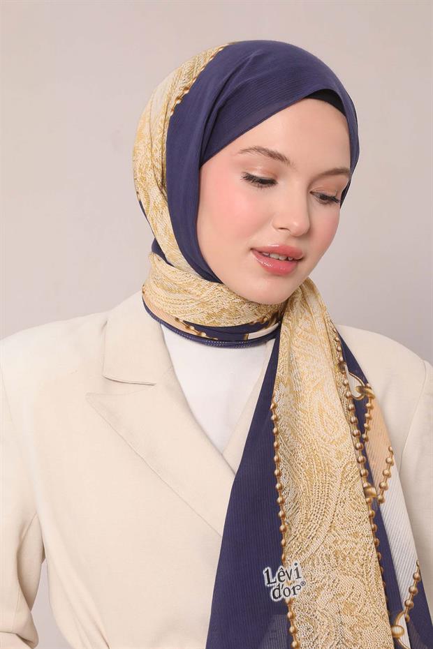 Lacivert Kilit Desen Pamuk Şal