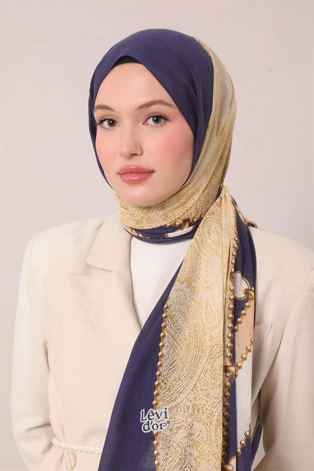 Lacivert Kilit Desen Pamuk Şal