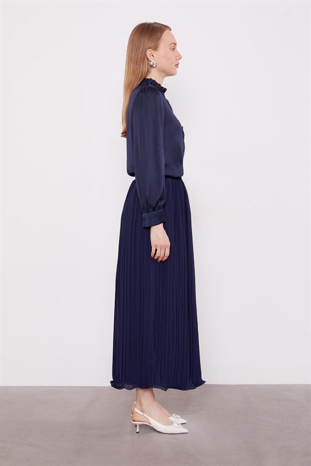 Lacivert Kırışık Piliseli Etek