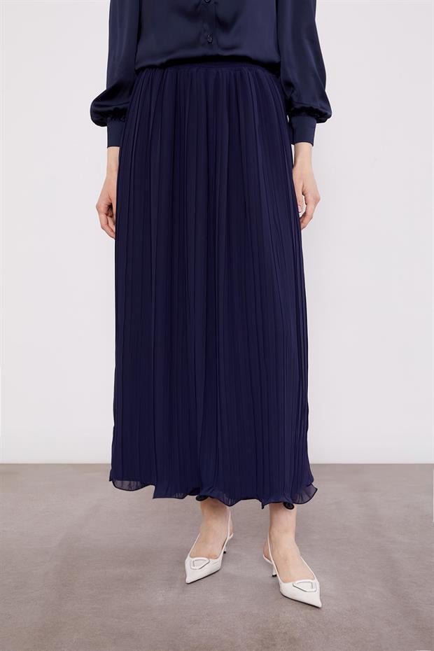 Lacivert Kırışık Piliseli Etek