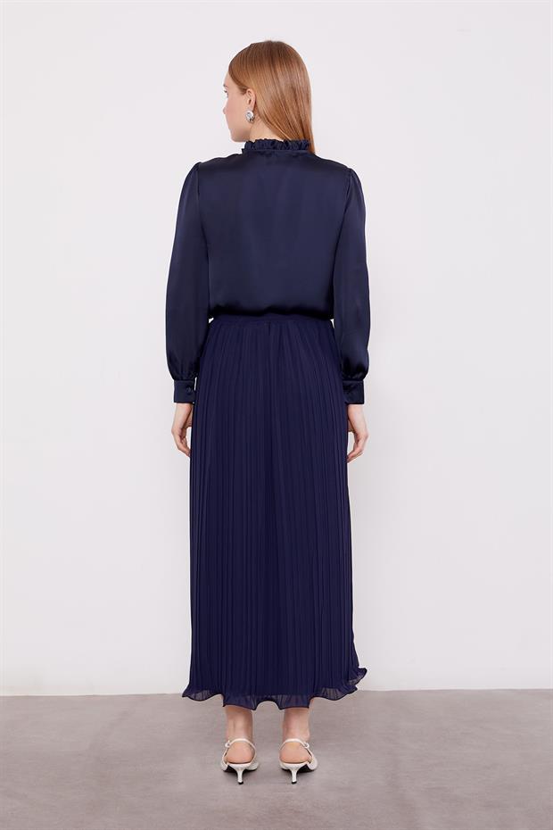 Lacivert Kırışık Piliseli Etek