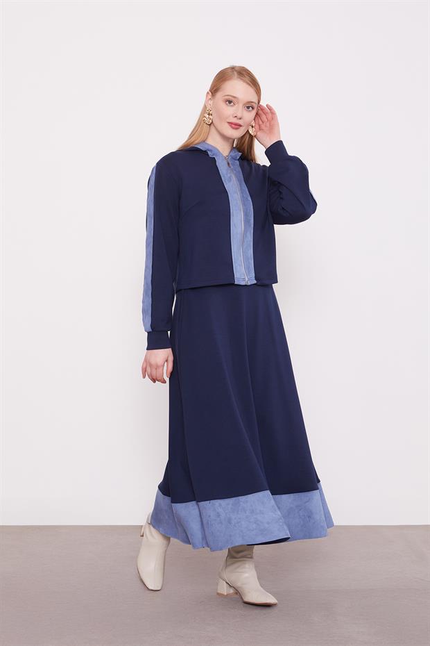 Lacivert Kısa Hırkalı Fermuar Kapamalı Etek Takım