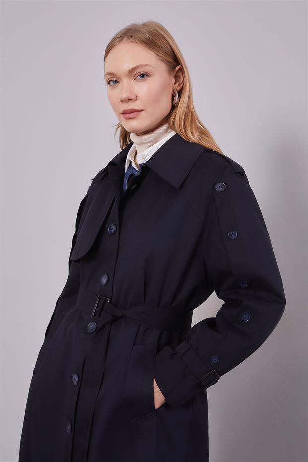 Lacivert Kol Düğme Detaylı Trençkot