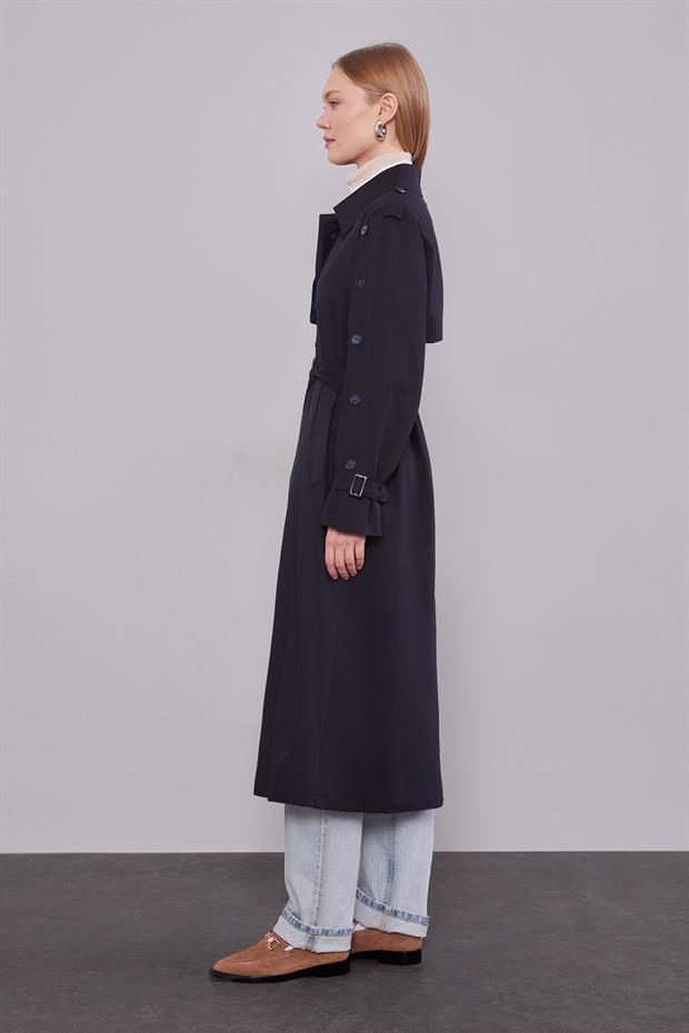 Lacivert Kol Düğme Detaylı Trençkot