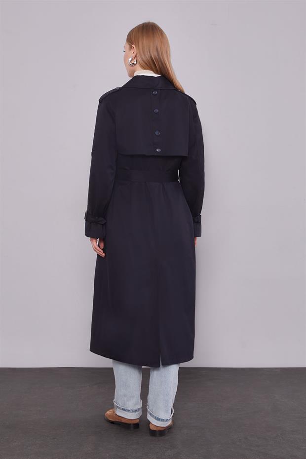 Lacivert Kol Düğme Detaylı Trençkot